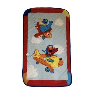 Sesame Street Elmo Cookie Monster Plane Pilot Clouds Baby Kids Blanket Vtg Throw